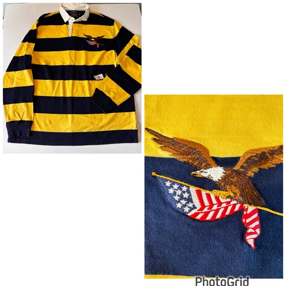 American Living Other - American Living Mens XL Rugby Shirt Cotton Navy Yellow Striped Eagle Flag NWT